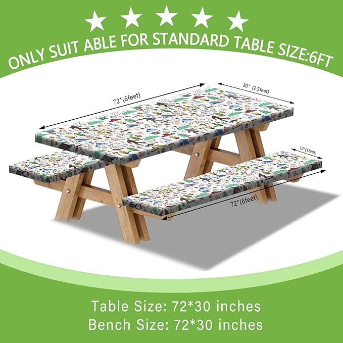 JAWO Picnic Table Covers with Bench Covers Camping Big Foot Adventure Tablecloth 6FT for 6 Person Fitted Picnic Table Cover with Elastic Windproof Waterproof Fabric, Camp Accessories Patio & Outdoor