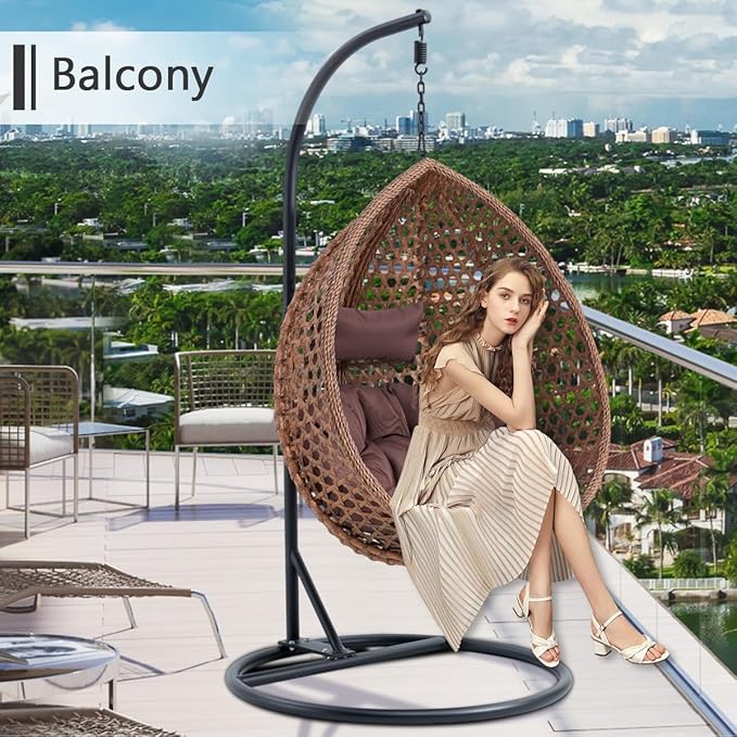 JUFU Egg Swing Chair with Stand,Hanging Egg Chair Indoor Outdoor,Hammock Hanging Basket Chair with Aluminum Steel Frame，Patio Egg Chair with Removable Cushions for Patio Balcony Backyard,Bedrooms