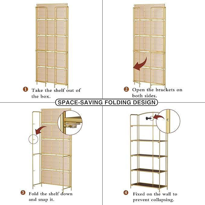 Crofy No Assembly Folding Bookshelf for Living Room, 5 Tier Gold Collapsible Book Shelf for Home Office, Portable Bookcase Storage Organizer