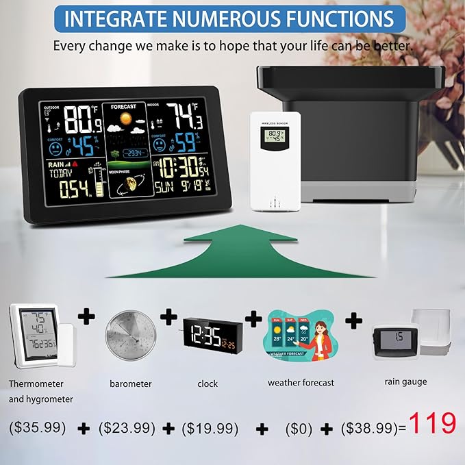 Digital Rain Gauge and Weather Station, Wireless Rain Gauge Outdoor, Home Weather Stations Wireless Indoor Outdoor with Thermometer, Barometer, Hygrometer, Atomic Clock, Weather Forecast and Alerts