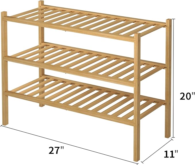 3 Tier Bamboo Shoe Rack for Closet Free Standing Wood Shoe Shelf Storage Organizer for Entryway Small Space Stackable 27"x11"x20" (Natural)