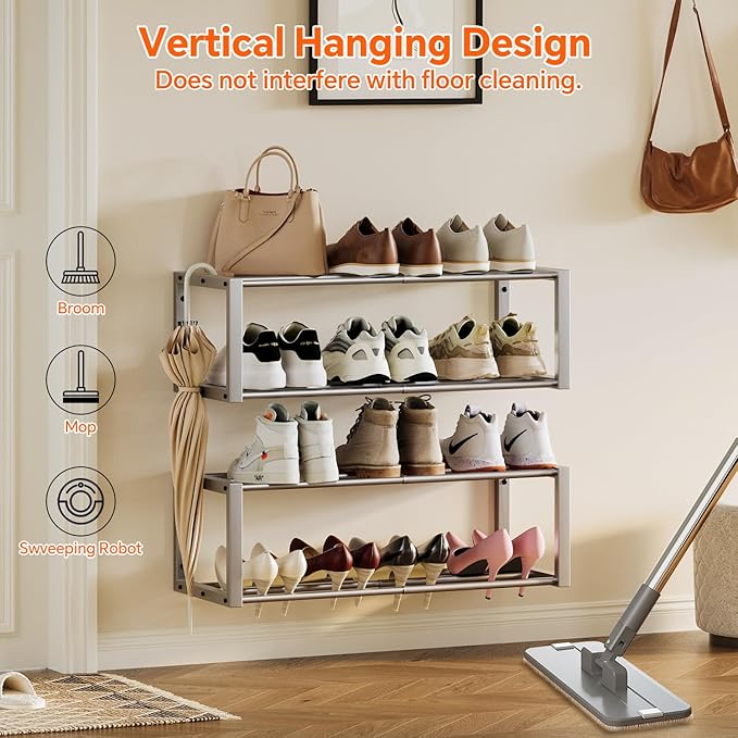 Homeiju Hanging Shoe Organizer,2 Pack Wall Mounted Shoe Rack Holds 12 Pairs,Space Saving Metal Wall Shoe Rack,Hanging Shoe Rack Shoe Holder for Small Space,Entryway,Closet,RV,Camper (Silver)