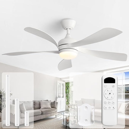 Sofucor 52 Inch Ceiling Fans with Lights and Remote, Outdoor Ceiling Fan with Light 6-Speed 3 CCT 3-Timer, White Low Profile Ceiling Fan 5 Blade Reversible DC Motor for Living Room Bedroom Patio
