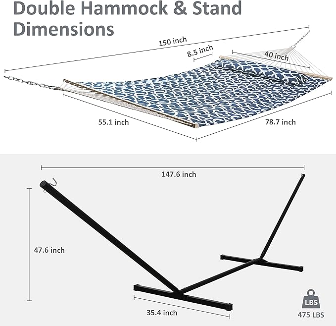 SUNCREAT Two Person Hammock with Stand, 475 lbs Capacity, Portable Patio Hammock with Hardwood Spreader Bar, Large Soft Pillow, Blue Pattern