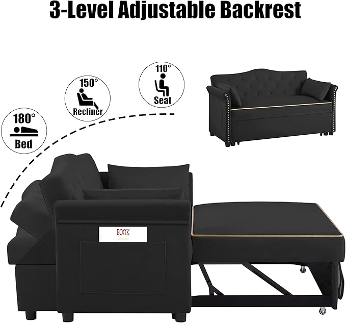 57" Velvet Pull-Out Sofa Bed, 3-in-1 Convertible Loveseat with Gold Trim Strips and Adjustable Backrest, Perfect for Living Rooms, Offices and Apartments (Black)