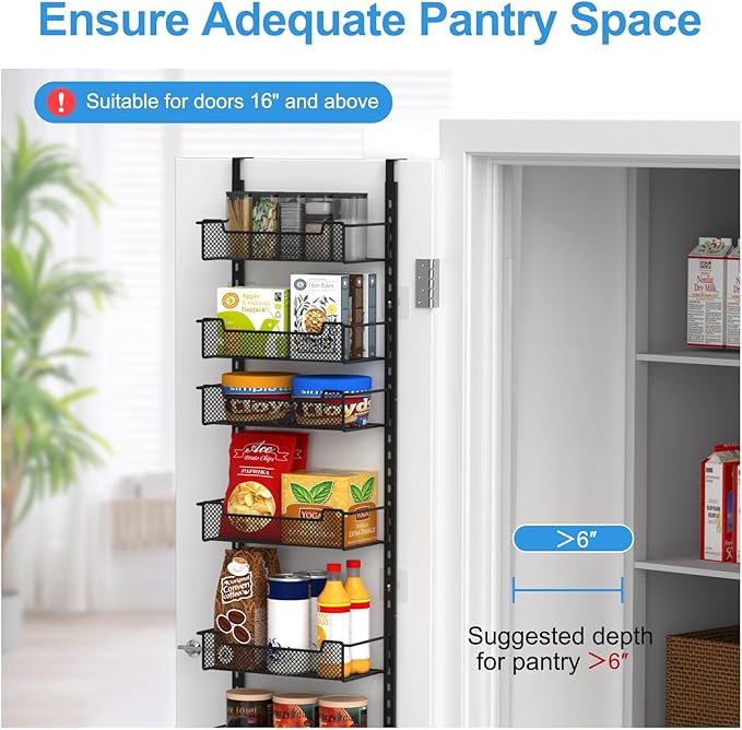 12.3" W Narrow Over the Door Pantry Organizer, 6-Tier Over the Door Organizer with Adjustable Basket, Pantry Door Organization for Pantry Kitchen Storage Room Spice Rack, Black