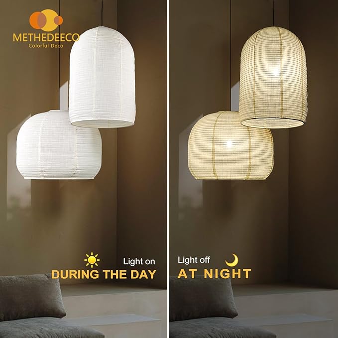 2PCS semicircular cylinder shape Hanging Fabric LampShade 18+13inch Handmade Linen Pendant Light,Minimalist Boho White Beige Lanterns for showcasem,hotel,Living Room, Bedroom deco