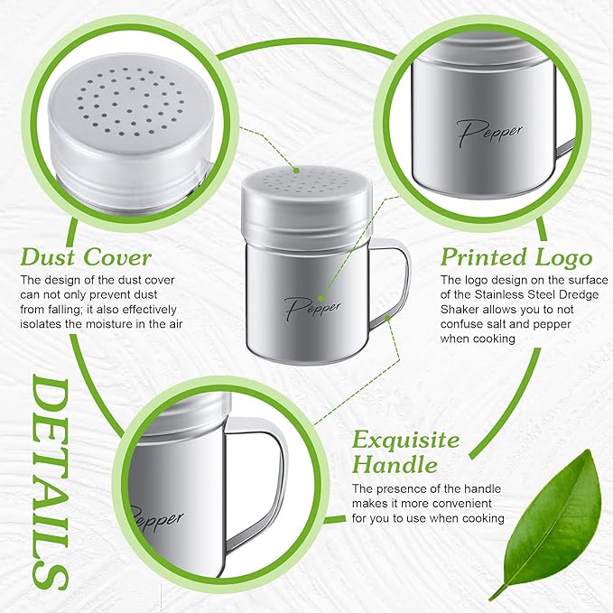 2-pack 13.5oz Stainless Steel Salt and Pepper Shakers with Lid and Handle Seasoning Dredge Shaker for Cooking Kitchen Baking Salt Candy