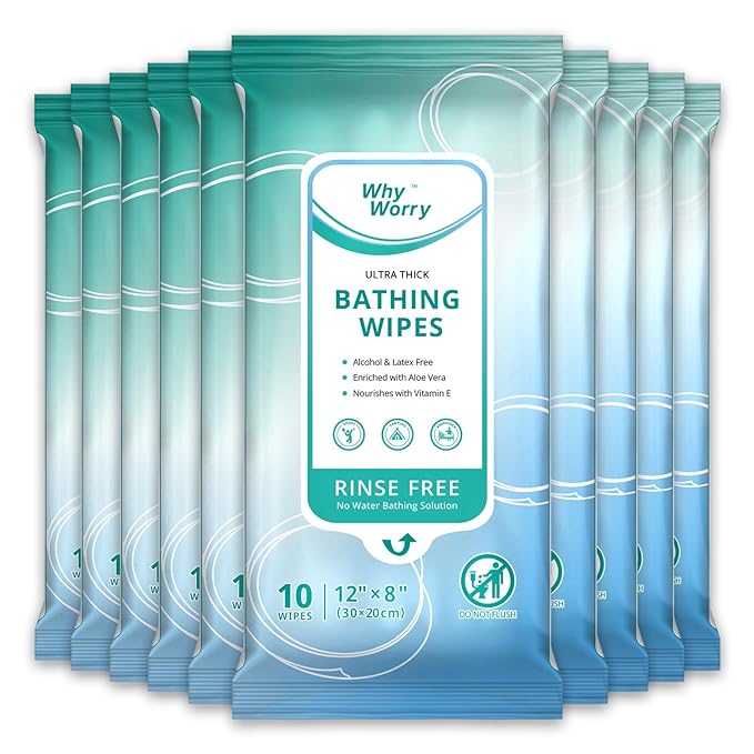 WhyWorry Ultra Thick Bathing Wipes for Adults Rinse Free, Large Body Cleansing Wipes with Aloe for Women, Men & Elderly, 8" x 12" Disposable Shower Washcloths for Gym & Camping, Fresh Scent, 100 Count