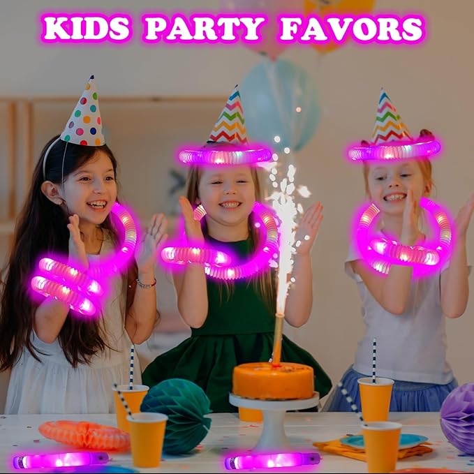 Pink Glow Sticks Party Favors for Kids 24 PCS,LED Light up Pop Tubes for Toddlers, Neon Necklaces Bracelets Accessories, Glow Birthday Wedding Dance Party Supplies Camping Toys Decorations