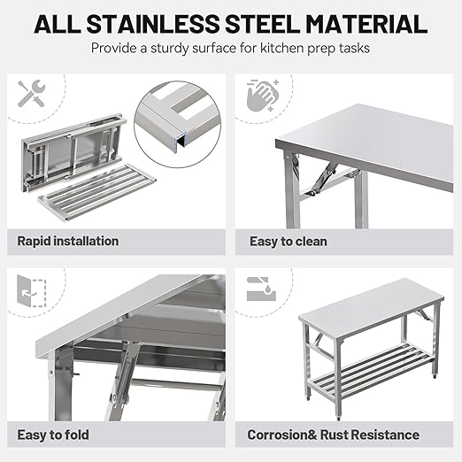 Folding Stainless Steel Table with Adjustable Table Corners and Lower Removable Shelf 20X45 Inches for Outdoor Camping, Maintenance Room, Storage, Kitchen (with undershelf)