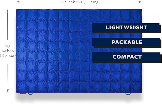 Double Puffy Camping Blanket - Extra Puffy, Packable, Lightweight and Warm | Ideal for Outdoors, Travel, Stadium, Festivals, Beach, Hammock | Water-Resistant Camp Quilt (Blue/Red)