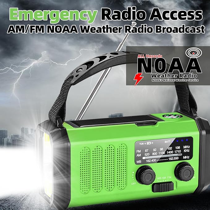 Hand Crank Emergency Radio,37000mWhSolar Powered Hand Crank Portable NOAA AM FM Weather Radio with 3Mode Flashlight and Reading Light,Cell Phone Charger,Home and Emergency Distress Signal (Green)