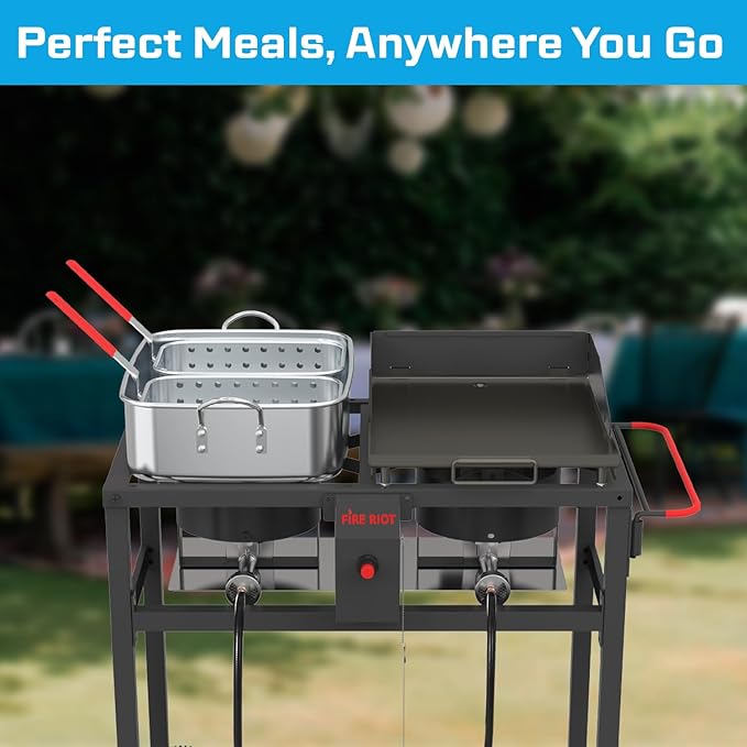 Outdoor Propane Deep Fryer and Griddle Combo, Portable 2-in-1 Cooking Station with Double Burner Propane Stove and Wheels, Ideal for Outdoor BBQ, Camping, and Tailgating
