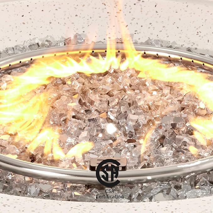 COSIEST Outdoor Propane Fire Pit Coffee Table w Terrazzo White 42 inch Round Base Patio Heater, CSA Certified, 50,000 BTU Stainless Steel Burner, Wind Guard, Transparent Gray Fire Glass, Rain Cover