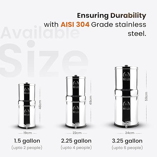 1.5 Gallons NSF Certified AISI 304 Stainless Steel Water Filter with 2 Smart Carbon (Black) Filters, 2 POSTreat Steel Fluoride Removal Elements, Free Water Spigot & Teak Wood Stand