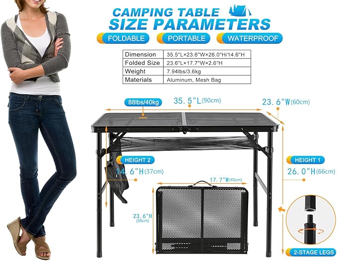 Folding Metal Camping Table with Mesh Layer, Portable & Lightweight Grill Table for Outdoor, 2 Adjustable Heights, Metal Mesh Tabletop for Camping Cooking, Medium Size (2.95 FT, Black)