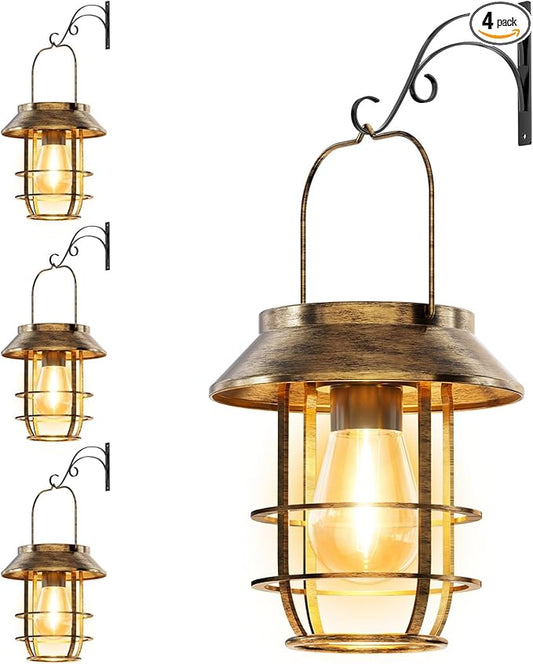 Solar Lanterns Outdoor Waterproof, High Brightness Hanging Solar Lights for Outside with Wall Hooks, Retro Metal Outdoor Lanterns Auto On/Off for Porch, Patio, Yard Decor 4 Pack