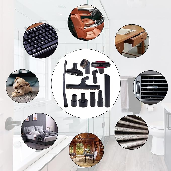 13 PCS Universal Vacuum Attachments Kit for Shop Vac Accessories - Includes Horse Hair Vacuum Brush, Floor Brush, Crevice Tool, and Hose Adapters for 2 1/2" to 1 1/4"