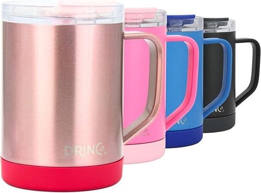 Drinco 16 oz Coffee Mug, Vacuum Insulated Camping Mug with Lid, Double Wall Stainless Steel Travel Mug Insulated Tumblers Coffee Mugs Coffee Cups Tea Cup (16oz Bling Rose Gold)