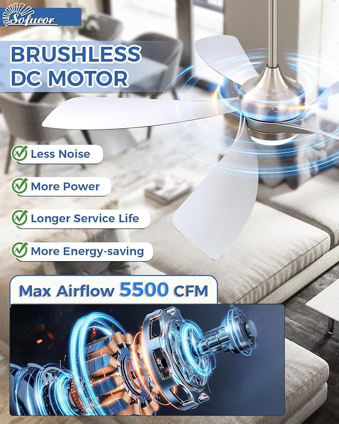 Sofucor 52 Inch Ceiling Fans with Lights and Remote, Outdoor Ceiling Fan with Light 6-Speed 3 CCT 3-Timer, Modern Low Profile Ceiling Fan 5 Blade Reversible DC Motor for Living Room Bedroom Patio