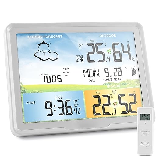 Home Weather Station Wireless Indoor Outdoor Thermometer, Portable Digital Weather Clock Atomic, Bluetooth Color Forecast Station, Multiple Sensors Weather Monitor with Alarm (1 Remote)