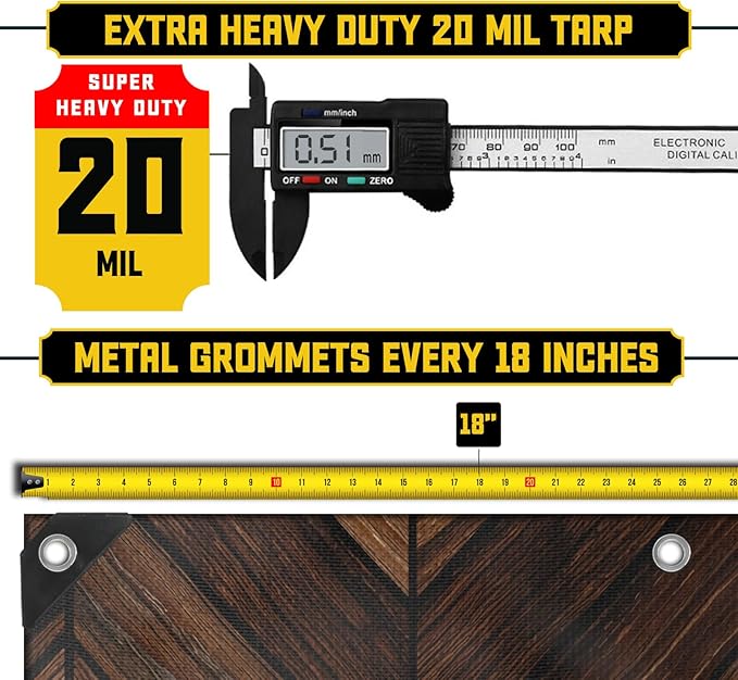 Core Tarps Extreme Heavy Duty 20 Mil Tarp Cover, Waterproof, UV Resistant, Rip and Tear Proof, Poly Tarpaulin with Reinforced Edges for Roof, Camping, Patio, Pool, Boat (Brown Wood/Black 25′ X 45′)