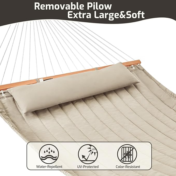Double Quilted Fabric Hammock with Hardwood Spreader Bars and Pillow 450 LBS Capacity 2 Person Large Hammock for Outdoor Patio Backyard Poolside - Tan