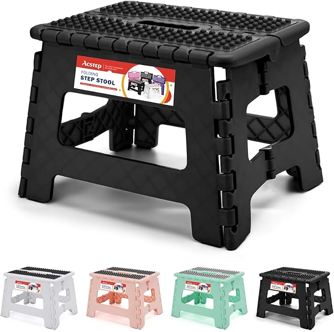 ACSTEP 9 Inch Folding Step Stool 300 LB Capacity Non Slip Foot Stool with Handle Plastic Foldable Step Stools for Kids Stepping Stool for Bathroom Black Small Step Stool (1 PC Black)