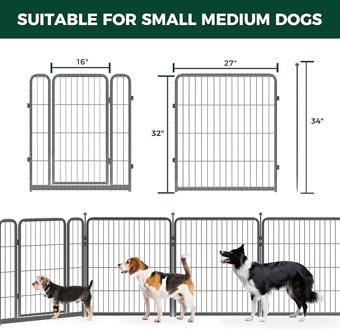 FXW Garden Fence with Door, 32in(H) x 72ft(L) 32 Panels Dog Fence Outdoor for The Yard - Heavy Duty Metal Fencing Tall Animal Barrier for Dog and Rabbit, Easy Assemble