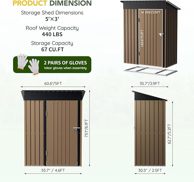 Breezz 5x3FT Vertical Outdoor Steel Storage Shed with Floor Frame, Lockable Doors, Compact Metal Tool Shed for Garden, Backyard, Patio, Utility, and Bike Storage,Brown