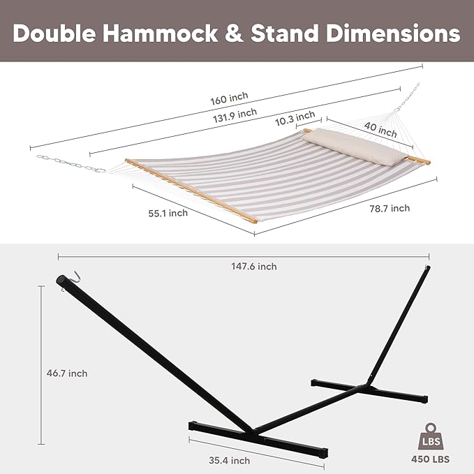 SUNCREAT Double Hammock with Stand Included, Outdoor Portable Hammock with Stand, Light Gray Stripes