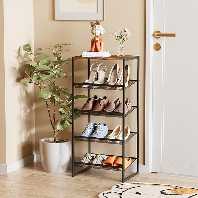 Garden 4 you 5 Tiers Narrow Shoe Rack,Small Space Freestanding Shoe Storage Organizer with Brown Wooden Tabletop,Adjustable Metal Shelf Stackable Shoe Shelf for Entryway Hallway Living Room Closet