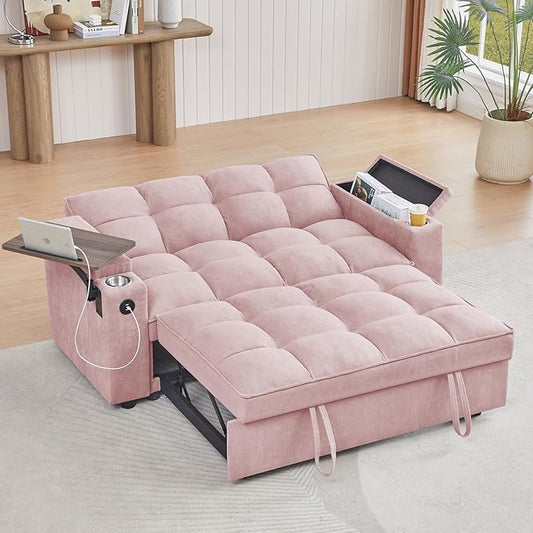 65'' 3-in-1 Folding Convertible Sofa Bed, Queen Size Pullout Sofa, Modern Chenille Fabric, 360° Swivel Side Table, Easy Assembly, Perfect for Living Room