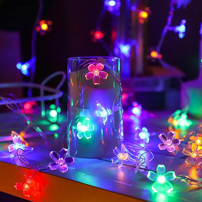 Battery Operated and USB Plug in Fairy Flower String Lights, 9.8 ft 30 LED Cherry Blossom 8 Modes Timer Indoor Bedroom Party Wedding Garden Christmas Easter Tree Hanging Decorations (Multi Color)