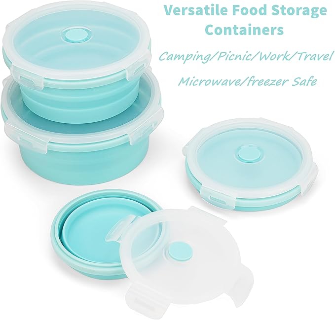 CARTINTS Silicone Collapsible Food Storage Containers-Prep/Storage Bowls with Lids – Set of 4 Round Silicone Lunch Containers – Microwave and Freezer Food Containers (Blue)