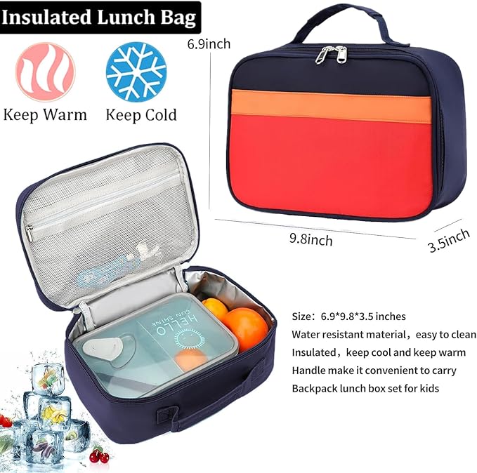 Kids Backpack Lunch Box Set Kindergarten School Backpacks 3-6 Years for Boys and Girls with Chest Buckle (Set Navy Red, Medium-15 H)
