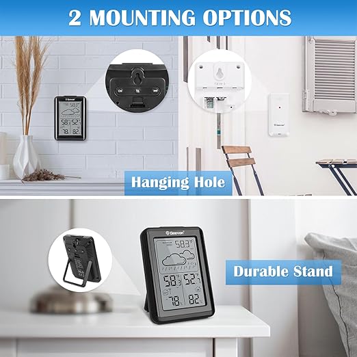 Geevon Indoor Outdoor Thermometer Wireless 200ft/60m, Digital Temperature Humidity Monitor with Large Display, Hygrometer with Weather, 3 Channel, Mold/Dew/Heat, 10s Backlight