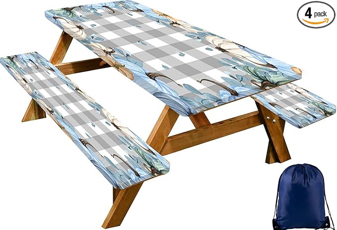 CAPSCEOLL Fitted Picnic Table Cover with Bench Covers with Elastic 6Ft Waterproof Camping Picnic Table Cover Cloths for Outdoors Camping Tablecloth with Drawstring Bag, 72X30in, Blue Pumpkins