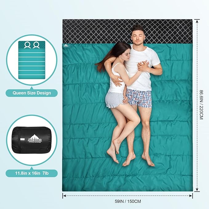 AGEMORE Cotton Flannel Double Sleeping Bag for Camping, Backpacking Or Hiking. Queen Size 2 Person Waterproof Sleeping Bag for Adults Or Teens. Lightweight with Compression Sack