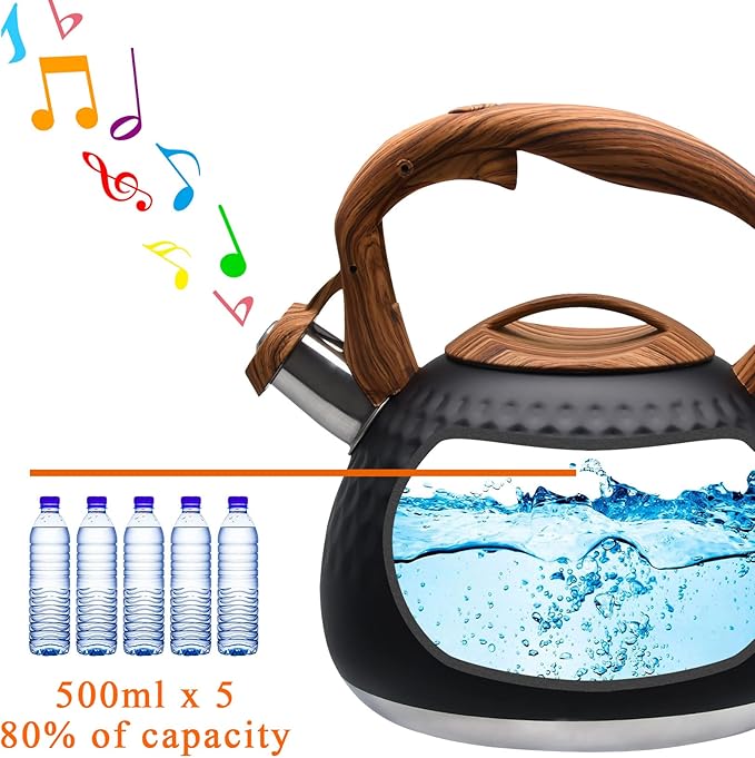 GGC Tea Kettle for Stove Top, Loud Whistling Kettle for Boiling Water Coffee or Milk, 3.1 Quart 3L Heavy Stainless Steel Black Kettle with Wood Pattern Handle, Unique Button Control Kettle Outlet