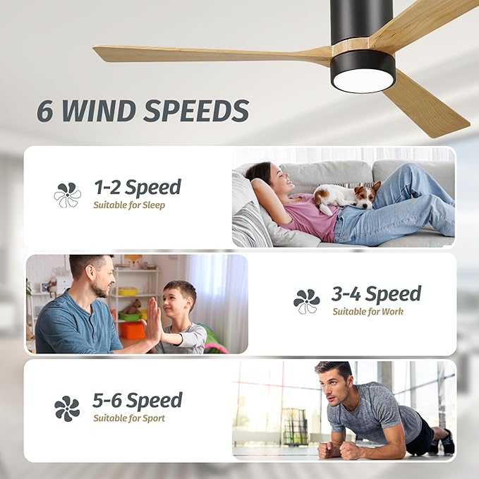 60 Inch Low Profile Ceiling Fan with Light, Ceiling Fans with Lights and Remote, 3 Walnut Solid Wood Blade Dimmable 8H Timer 6-Speed Reversible Motor for Living Room Farmhouse Patio