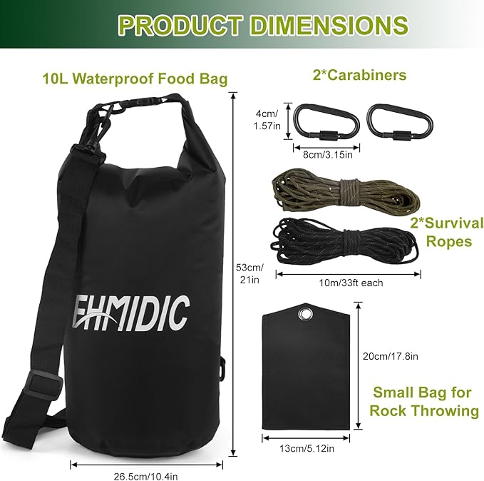 Fhmidic Bear Food Bag Hanging System, Easy to Throw Bear Bag Kit for Camping with a 10L Waterproof Bear Bag Backpacking, Survival Utility Rope, Carabiner