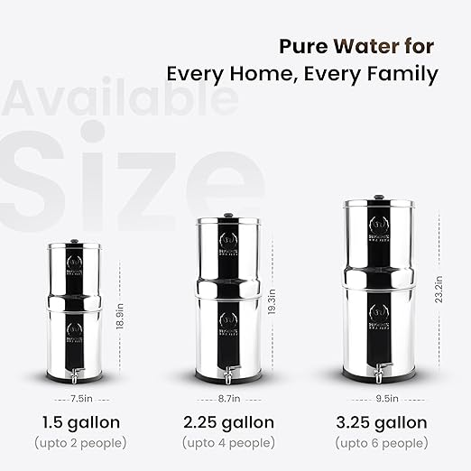 Gravity Water Filter System - 2.25 Gallons NSF Certified AISI 304 Stainless Steel Water Filter with 2 Smart Carbon Filters, 2 POSTreat Steel Fluoride Removal Elements & Free Stainless Steel Spigot