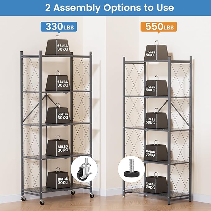 ALANNG 70.7" H Metal Storage Shelves, 5 Tier Folding Shelf on Wheels, Heavy Duty, No Assembly, Rolling, Collapsible Rack Unit for Kitchen, Basement, Pantry (Gray,2 Pack)