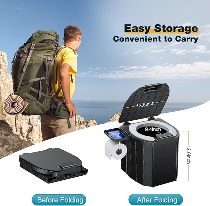 Camping Toilet - Upgraded soft toilet seat with urine Splash Guard, Folding Toilet with Detachable Paper Holder, Portable toilet with a load capacity of 500 lbs, Portable Potty For Emergency Use