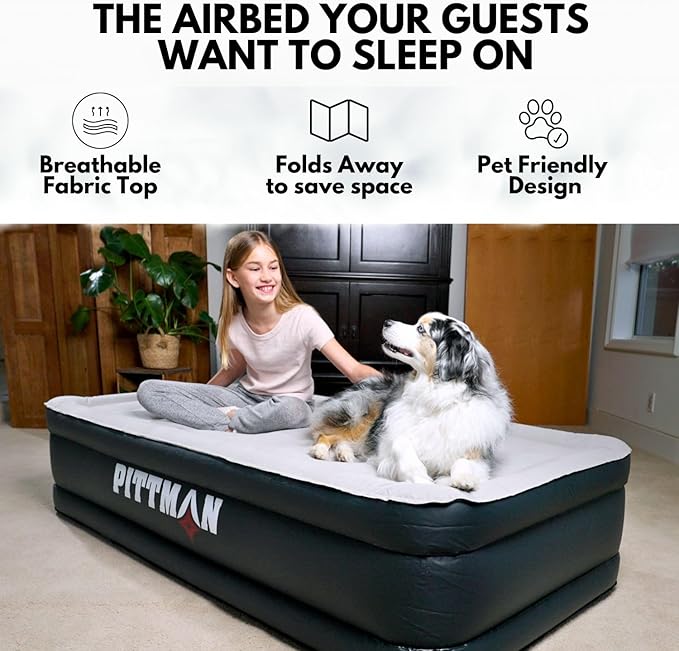 Pittman - Air Mattress Twin with Built in Pump - Black 18" Double High Twin Air Mattress with Built in Pump That Inflates & Deflates - Blow Up Mattress is Ideal for Guests or Camping