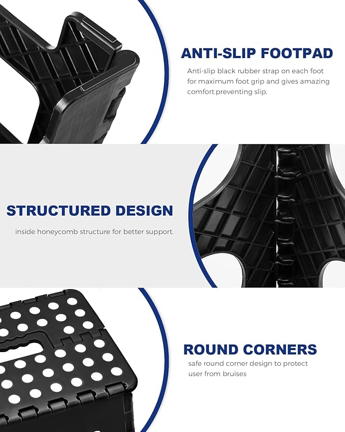 ACKO Folding Step Stool Foldable Step Stools for Kids, 11 Inch Foot Stool Black Plastic Step Stool with Portable Handle Small Stool Hold up to 300lbs for Bathroom, Kitchen 1PC