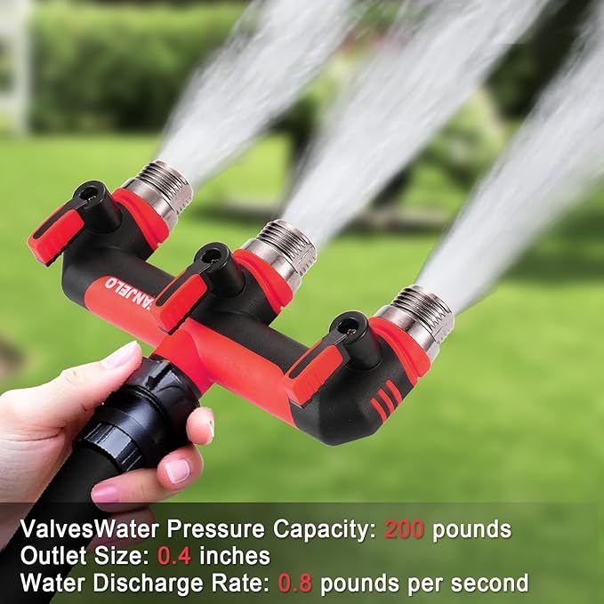 3 Way Hose Splitter, Heavy Duty Garden Water Hose Bib Spigot Splitter, Faucet Splitter with Shutoff Valve, Garden Hoses Connector for T Adapter, 3/4 - Inch GHT Thread (Red)