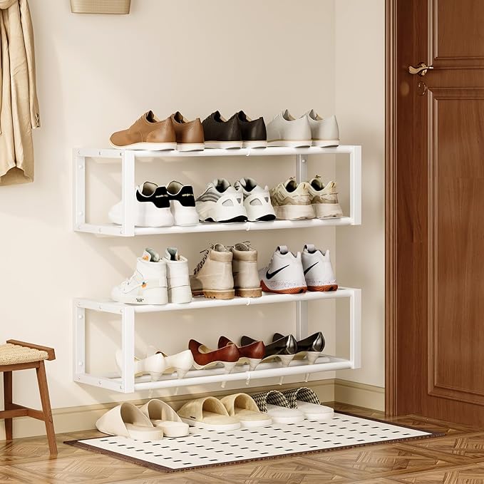 Homeiju Hanging Shoe Organizer,2 Pack Wall Mounted Shoe Rack Holds 12 Pairs,Space Saving Metal Wall Shoe Rack,Hanging Shoe Rack Shoe Holder for Small Space,Entryway,Closet,RV,Camper (White